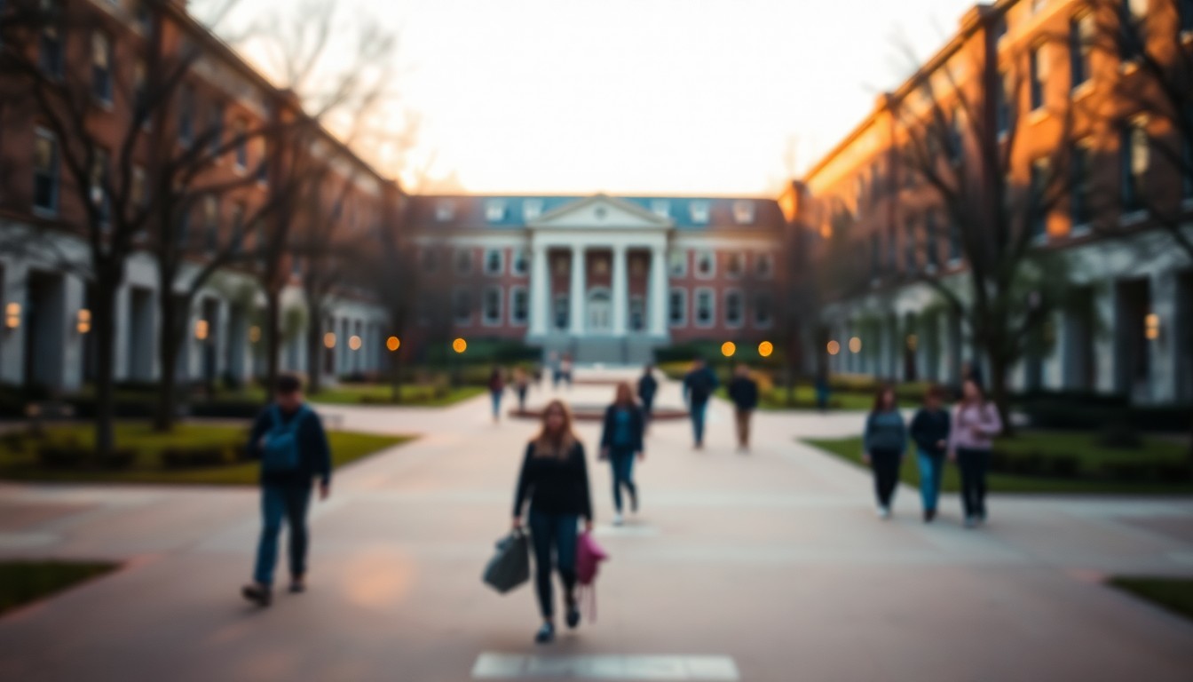 An abstract, out-of-focus photograph of a university campus scene, with students walking through pools of warm, diffused light and color, creating a dreamlike, atmospheric impression of campus life.