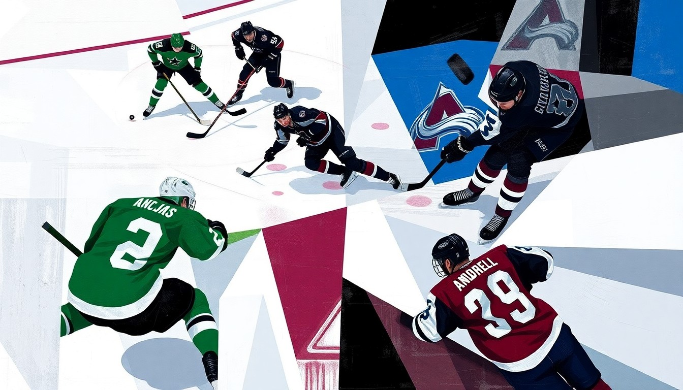 A fractured, multi-perspective painting in a cubist style, breaking down a hockey game into sharp, overlapping geometric planes of ice, sticks, pucks, and players' bodies in motion, using the official team colors of the Dallas Stars and Colorado Avalanche.