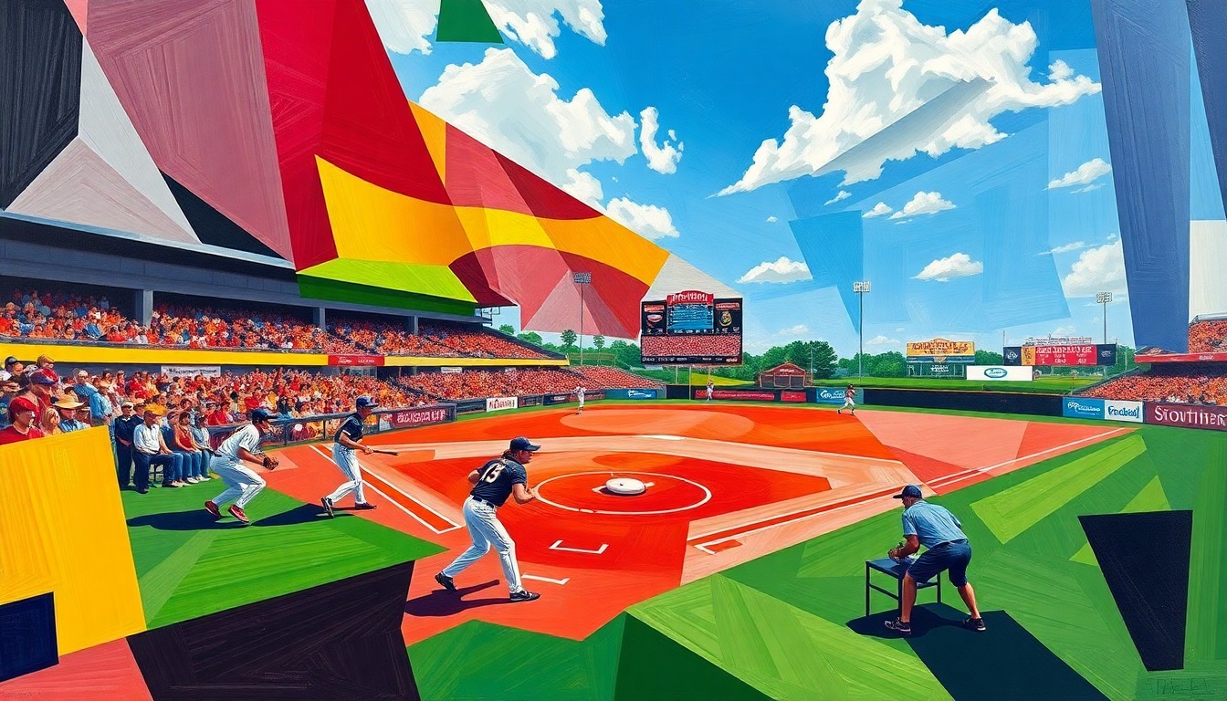 A cubist, geometric painting depicting a Florida State softball game, with sharp, overlapping planes of color representing the players, field, and action of the game.