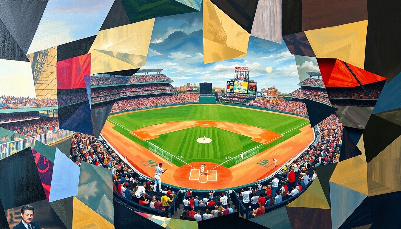 A fragmented, geometric painting depicting the action of a baseball game, with players and the field broken down into sharp, overlapping planes of color and form.