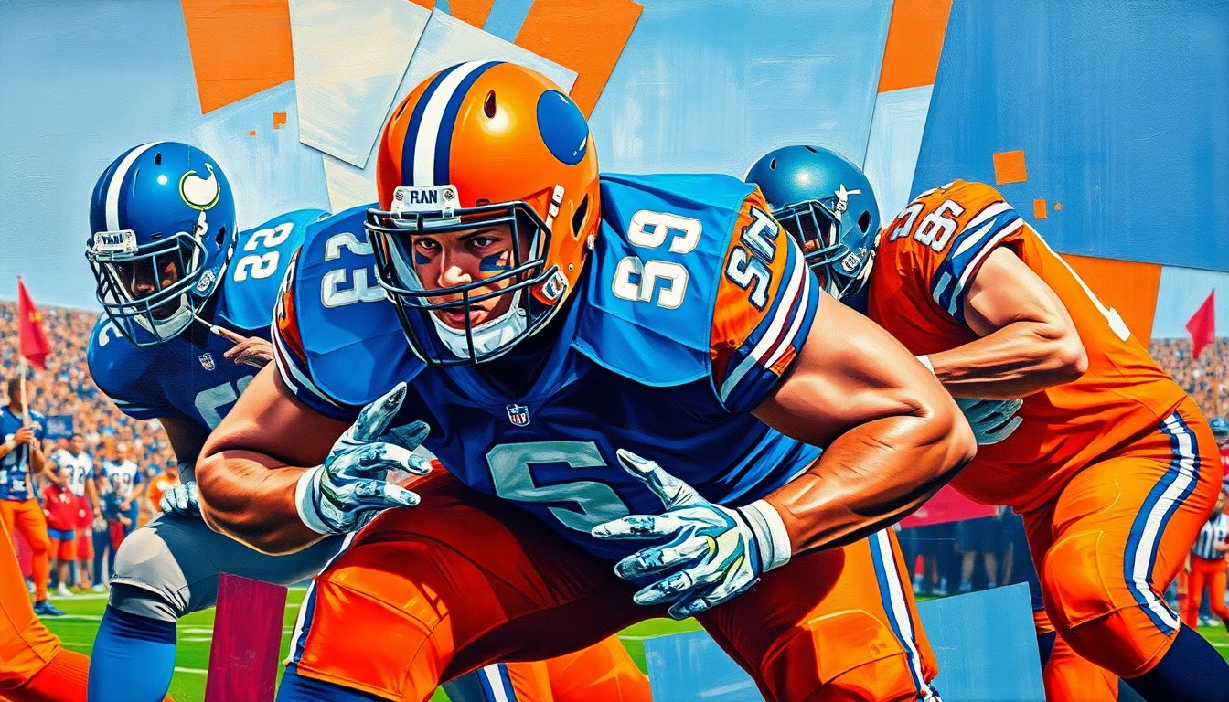 A cubist-style painting depicting an offensive lineman in action, with sharp, overlapping geometric shapes in vibrant shades of orange and blue.