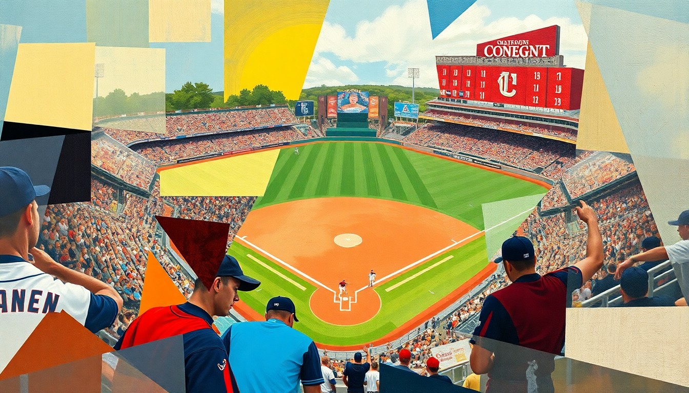 A fragmented, geometric painting depicting the action of a college baseball game, with players, field, and stadium broken down into abstract shapes and planes of color.