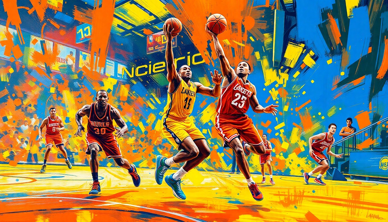An abstract, energetic painting in vibrant neon colors, capturing the raw athleticism and fast-paced action of an NBA basketball game with rapid brushstrokes and dissolving player forms.
