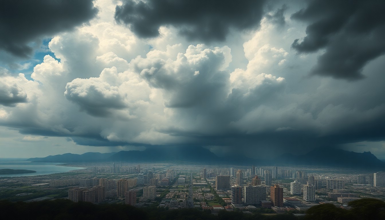 A vast, majestic landscape painting in muted tones of grey, blue, and green, depicting a sweeping view of Honolulu under heavy storm clouds. The cityscape is dwarfed by the overwhelming scale of the natural elements, with damaged buildings and debris barely visible in the distance.