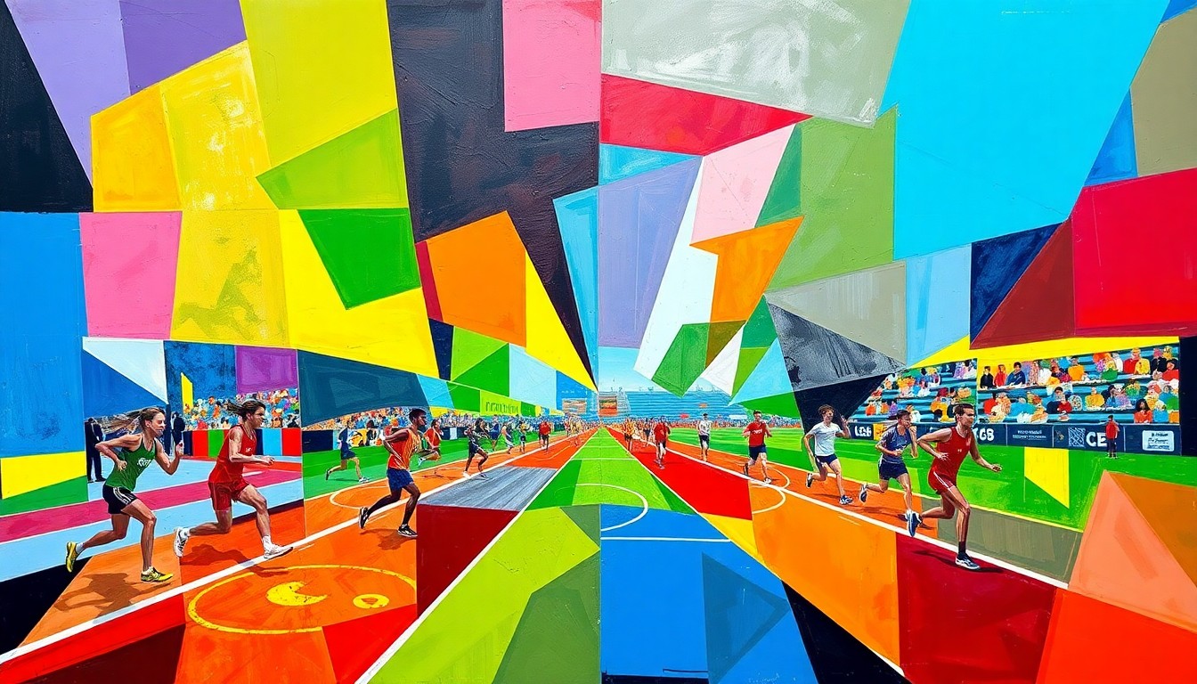 A fractured, multi-perspective painting in bold, geometric shapes and colors representing the various events and athletes of a high school track and field competition.