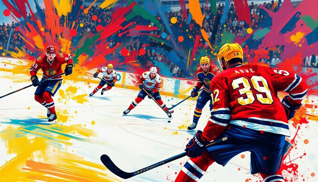 A vibrant, expressionist painting in neon colors depicting the chaotic energy and movement of a professional ice hockey game, with players' figures dissolving into abstract brushstrokes.