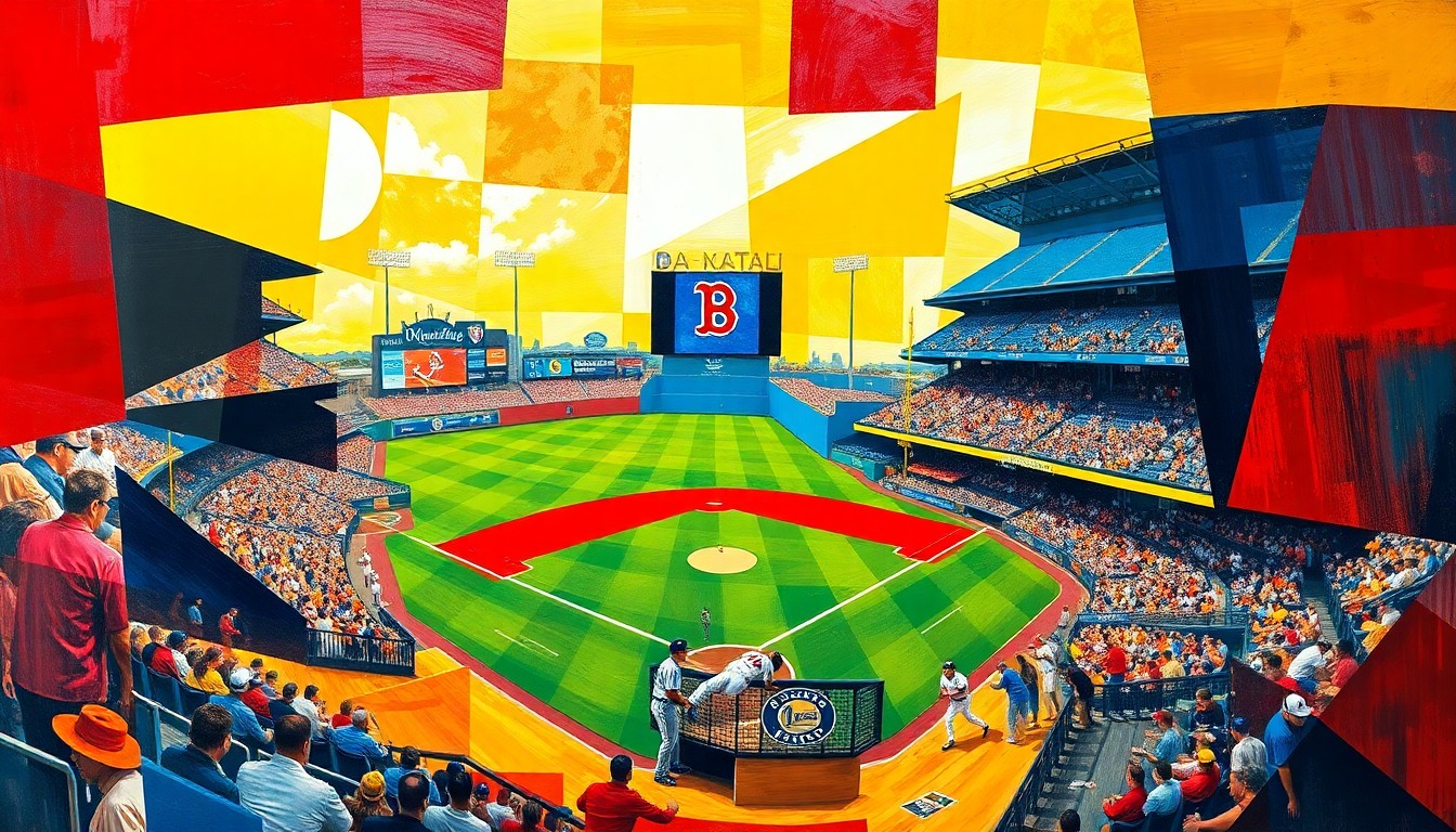 A fractured, geometric painting in vibrant colors depicting the dynamic energy of a baseball game, with players and the field deconstructed into sharp, overlapping planes.