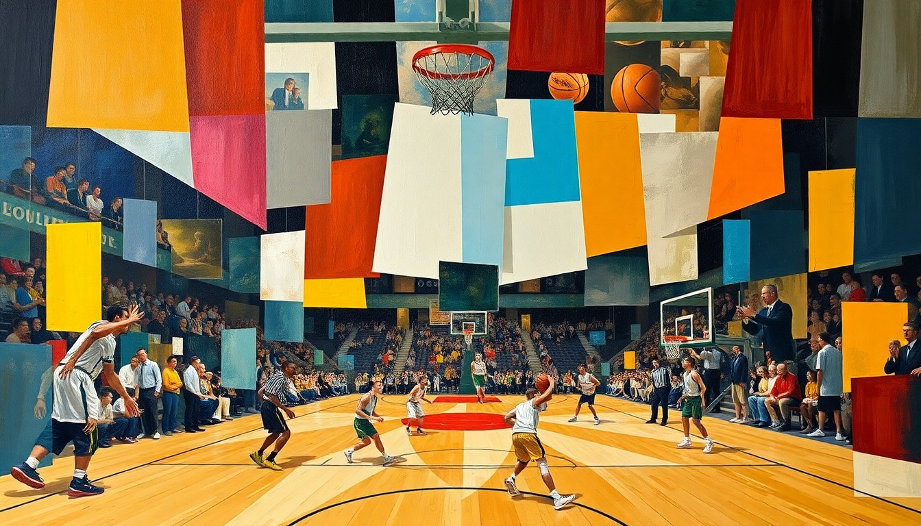 A cubist, geometric painting depicting a fragmented basketball court and players, representing the disruption caused by Luka Dončić's injury to the Lakers and the broader NBA playoff picture.