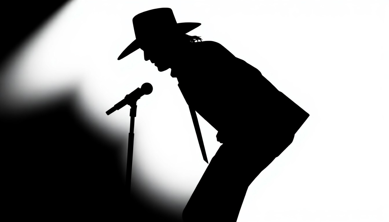 An extreme black and white silhouette of a country singer performing on stage, with dramatic, jagged edges conveying the turbulent weather that forced the concert's cancellation.