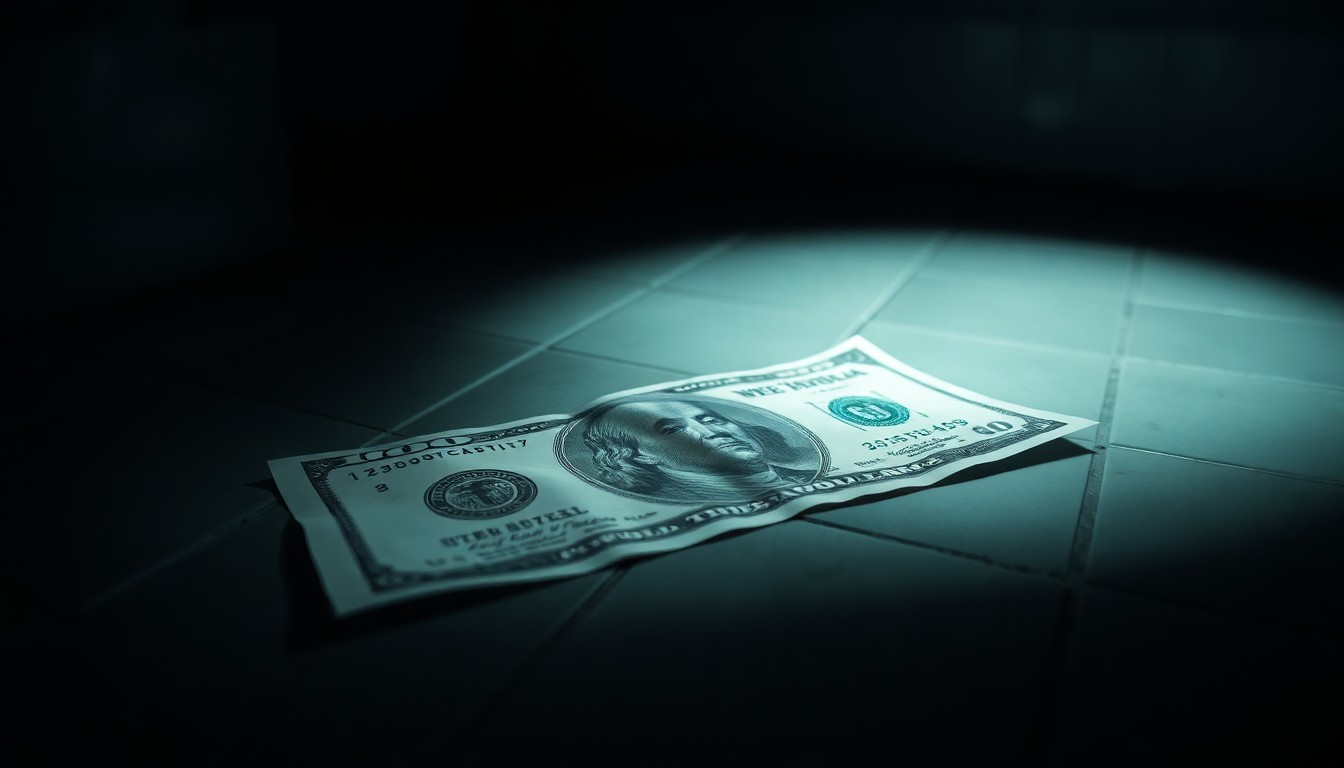 An extreme close-up photograph of a crumpled $20 bill lying on a tiled bathroom floor, capturing the gritty, investigative nature of this financial mystery.