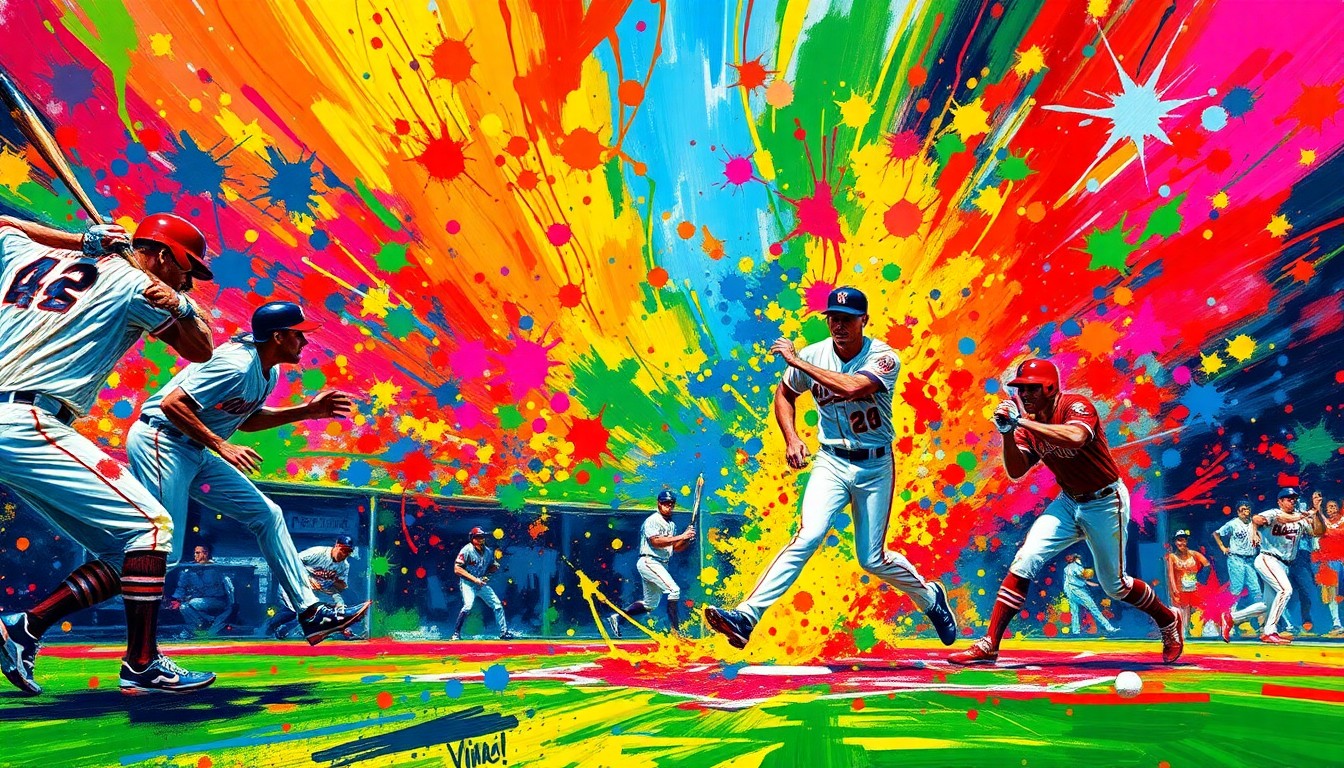 An abstract, energetic painting in bright neon colors, capturing the dynamic motion and emotion of a baseball game through expressive brushstrokes.