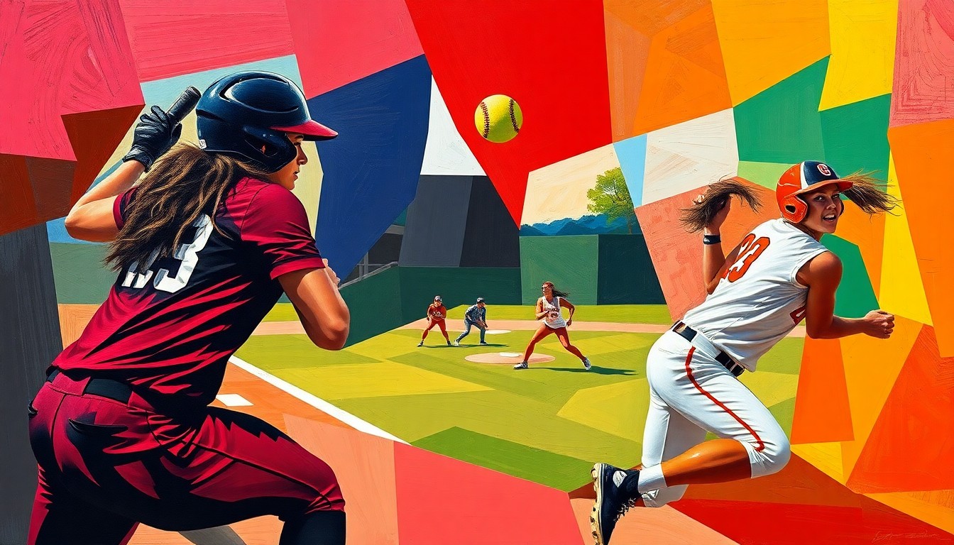A cubist, geometric painting depicting the dynamic action of a softball game, with the players and ball fragmented into abstract shapes and planes of vibrant colors.