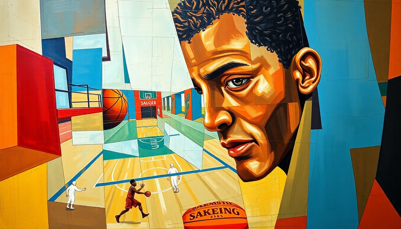 A cubist-style painting depicting the basketball careers of the Jaquez siblings in a fragmented, geometric style, capturing the shared journey and individual accomplishments of Gabriela and Jaime Jaquez.