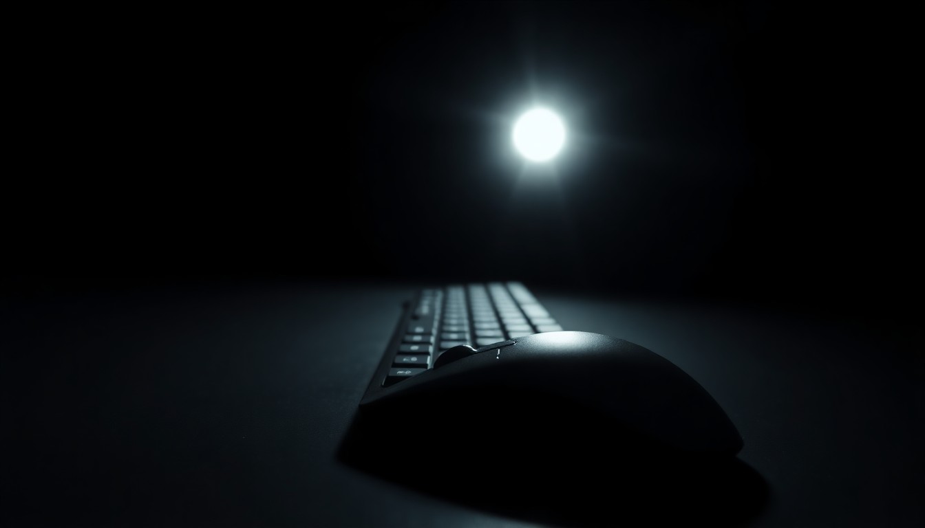 An extreme close-up of a computer mouse and keyboard, lit by a harsh, direct camera flash against a pitch-black background, conceptually representing the discovery of disturbing digital evidence.