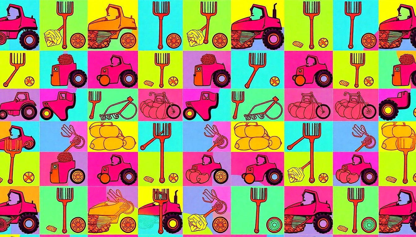 A high-contrast, silkscreen-style illustration featuring a repeated pattern of a single iconic farming object, such as a pitchfork or bushel of produce, in a bold, neon color palette that captures the innovative and community-focused spirit of sustainable agriculture in Southwest Michigan.