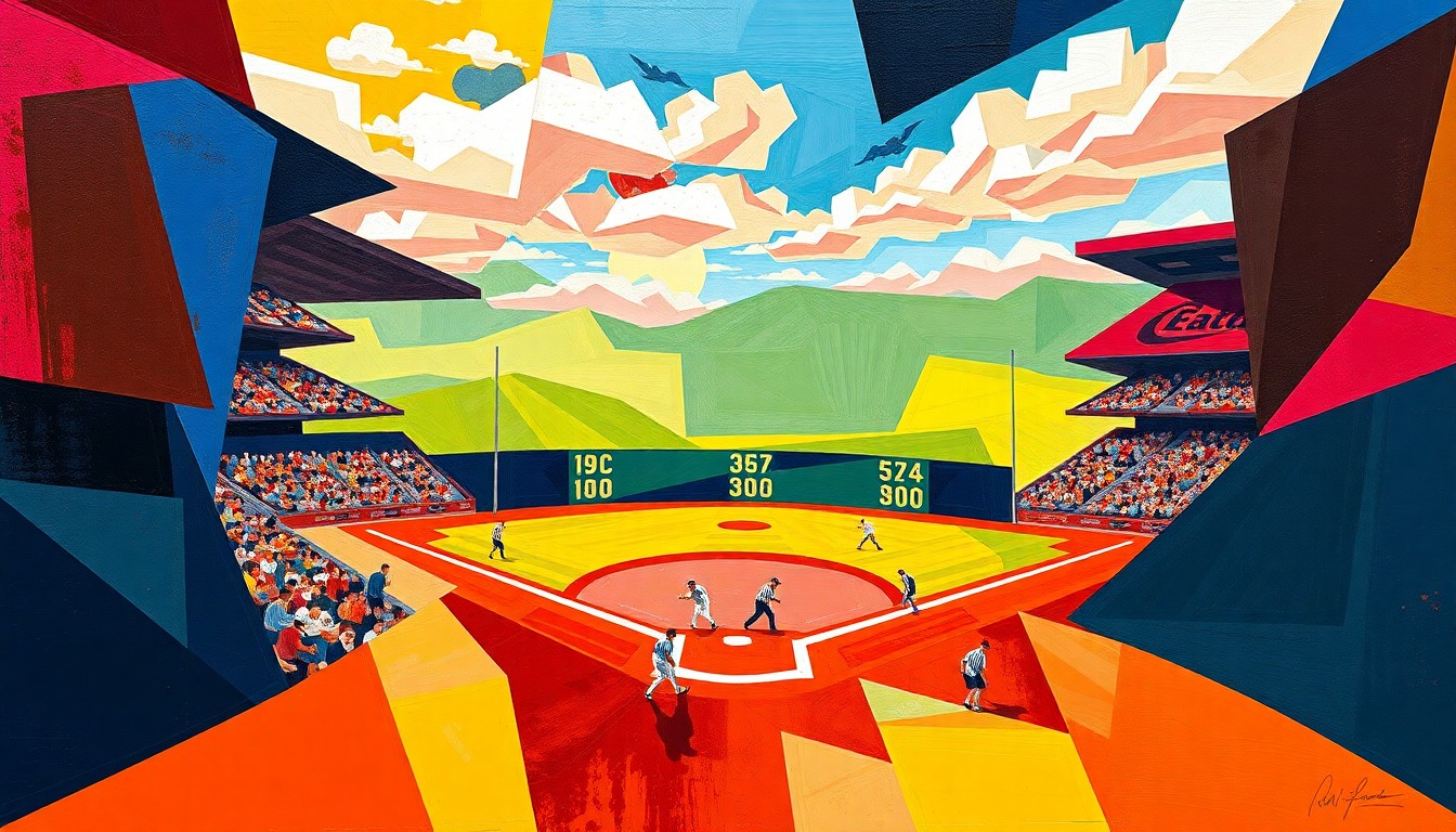 A vibrant, geometric painting featuring sharp, overlapping planes of color representing the action and energy of a college baseball game.