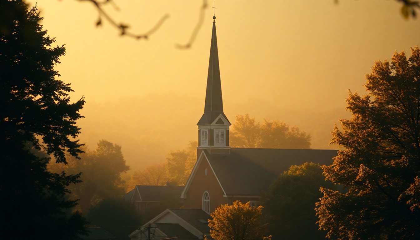 An abstract, out-of-focus photograph of a church steeple and surrounding trees, with a warm, golden glow casting a serene, contemplative mood.