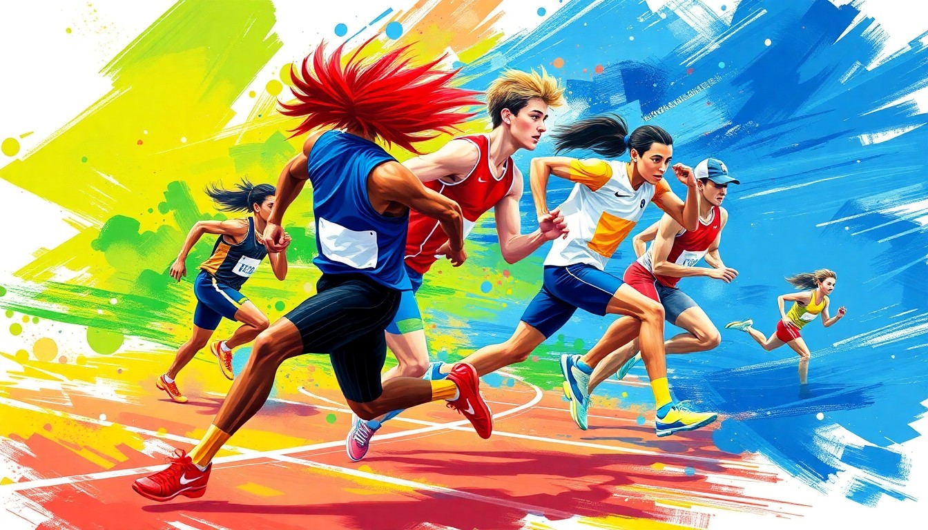 An abstract, expressionistic illustration featuring dynamic, colorful brushstrokes and shapes that evoke the energy and motion of high school track and field athletes in competition.