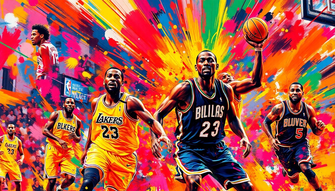 A vibrant, expressionist painting depicting the raw energy and motion of an NBA basketball game, with players' forms dissolving into a swirl of neon colors and dynamic brushstrokes.