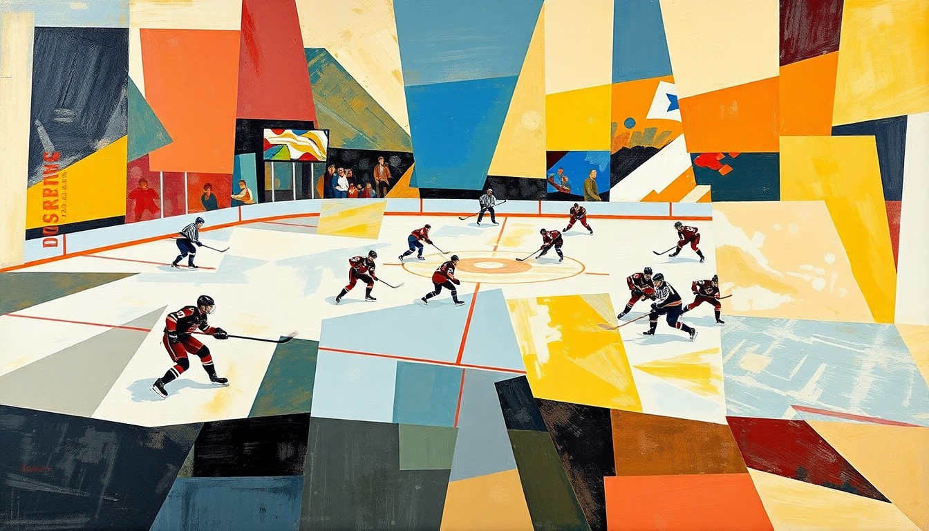 A fractured, geometric painting depicting the abstract shapes and planes of a hockey game, with players and the ice deconstructed into a dynamic, multi-perspective composition.