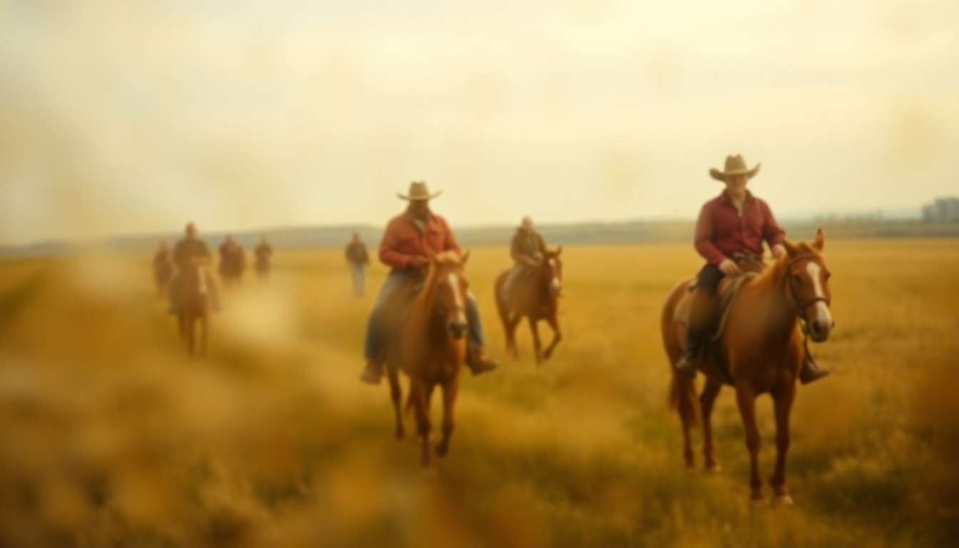 An abstract, impressionistic photograph of a group of riders on horseback moving through a hazy, out-of-focus landscape, conveying the nostalgic and pastoral atmosphere of the annual Pony Express Riders' charity event in Iowa.