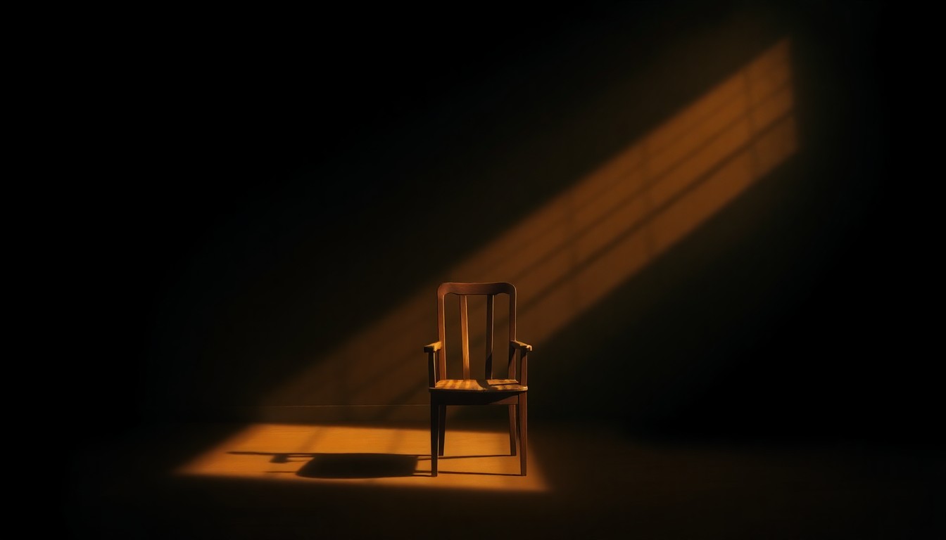 A solitary, empty chair in a dimly lit room, the warm sunlight casting deep shadows and creating a melancholic, cinematic atmosphere that evokes a sense of personal loss and change.