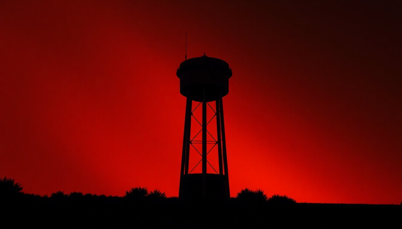 A serene, photorealistic painting of a lone water tower standing tall against a backdrop of warm, golden sunlight and long shadows, conveying a sense of quiet contemplation about the future of the region's water infrastructure.
