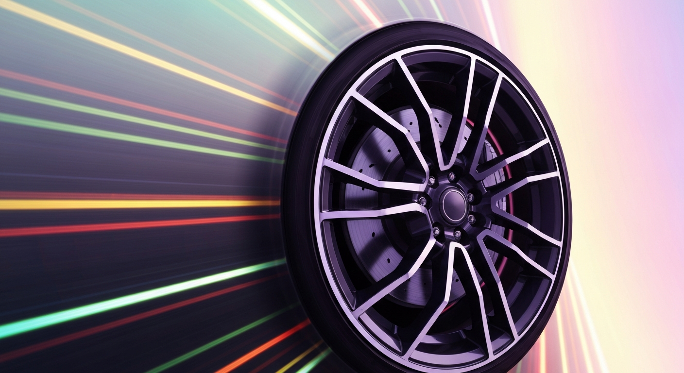 An abstract, blurred image of a car wheel in motion, with vibrant streaks of color representing the dynamic energy and engineering of modern automotive technology.