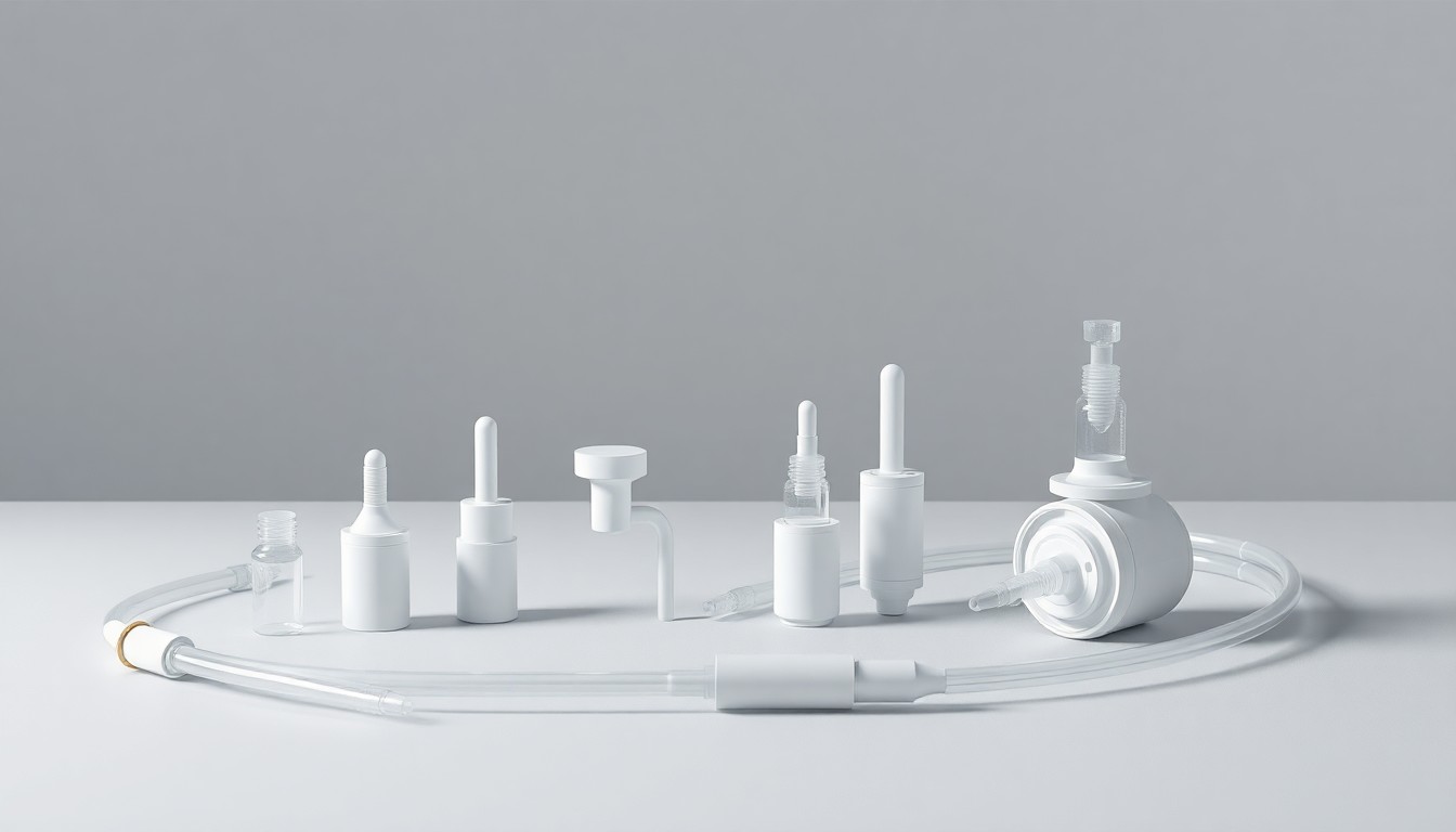 A minimalist, high-end studio photograph featuring a collection of modern, polished medical drainage tubes and collection devices arranged in a clean, elegant composition on a solid background, conceptually representing the technological advancements and growing market demand in the healthcare industry.