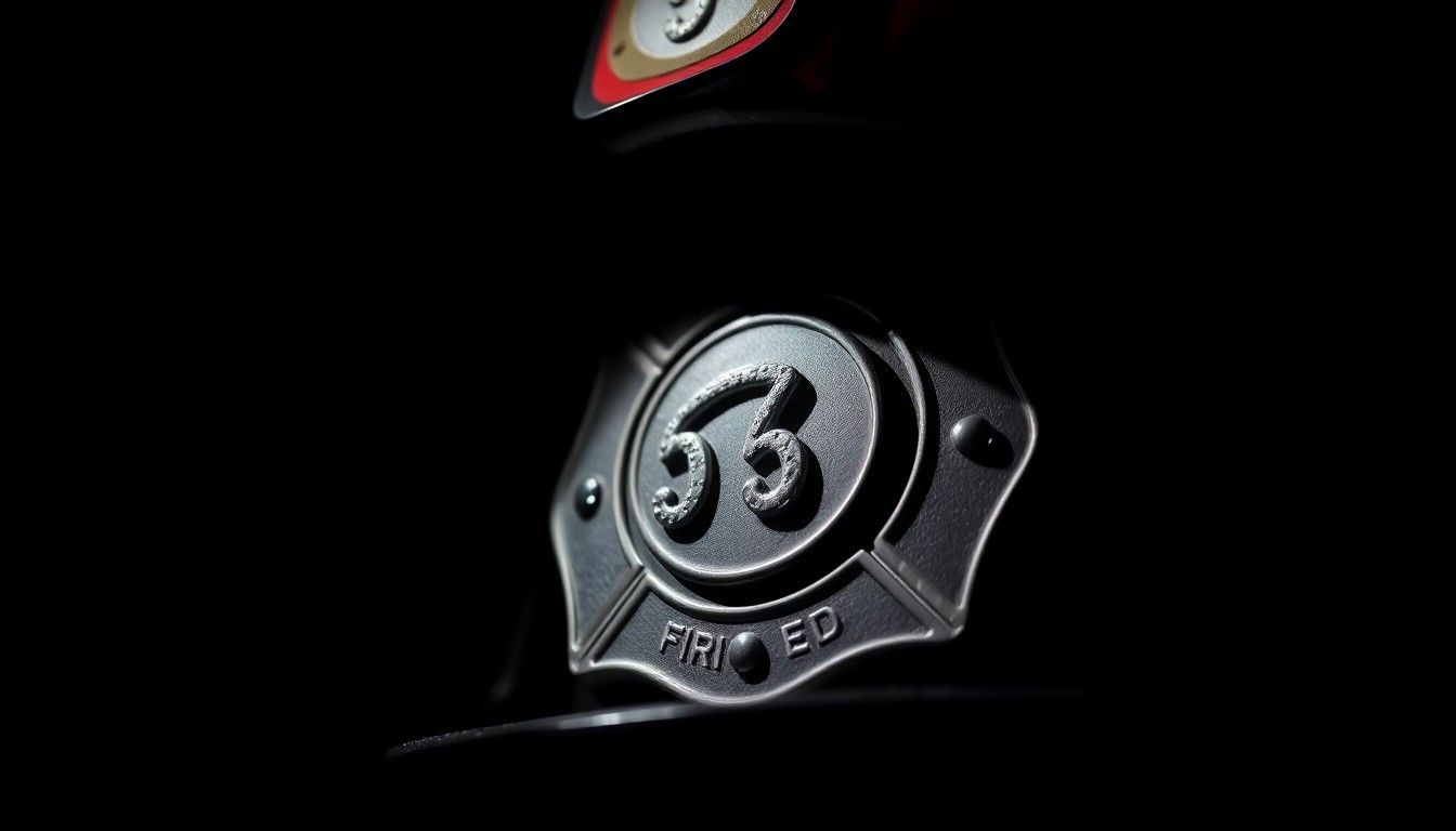 An extreme close-up photograph of a firefighter's badge or helmet, lit by a harsh, direct camera flash against a pitch-black background, conveying a sense of investigation and tension without depicting any actual violence or victims.