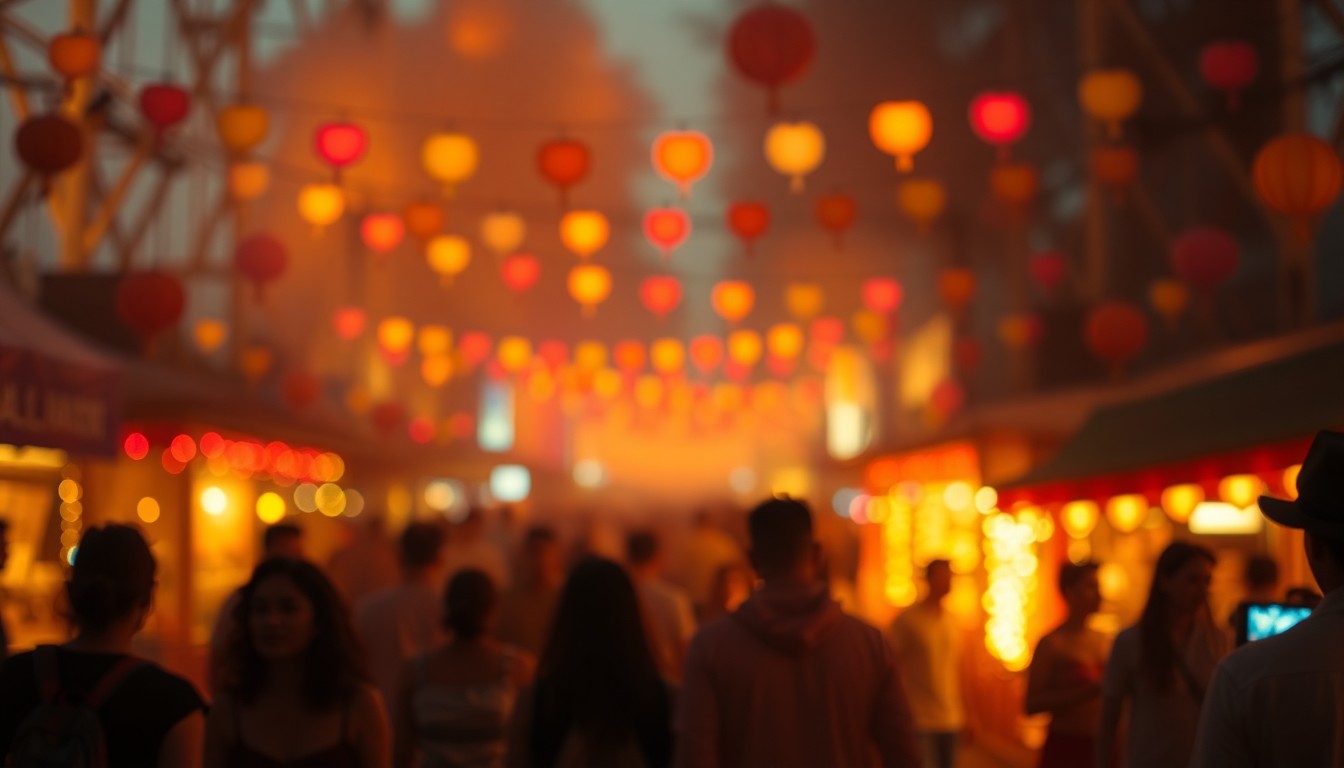 An extremely abstracted, out-of-focus photograph of a lively street scene, with colorful lights, silhouetted figures, and a sense of community energy and celebration.