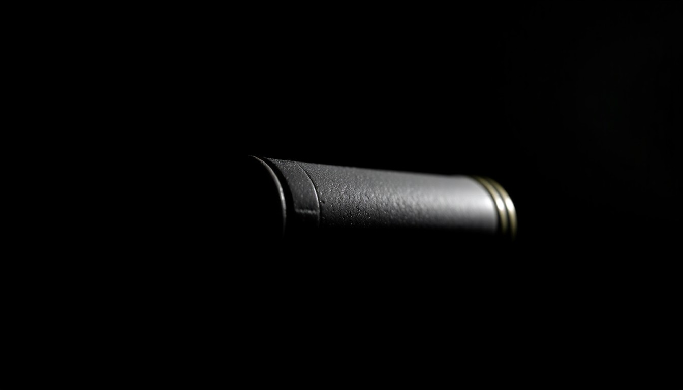 An extreme close-up photograph of a paintball gun shell casing against a pitch-black background, lit by a harsh camera flash. The shell casing is the sole focus, with dramatic shadows and highlights revealing the textural details of the metal.