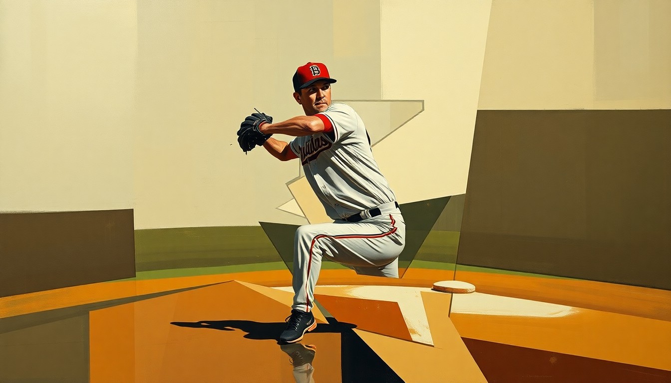 A fragmented, geometric painting depicting a baseball pitcher's windup and delivery, with sharp planes of muted earth tones capturing the raw athleticism of the sport.