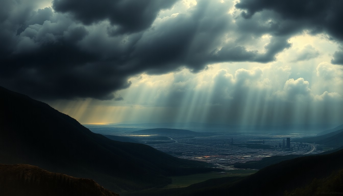 A sweeping, moody landscape painting in muted grays, blues, and greens, with a distant city skyline barely visible through heavy rain clouds and atmospheric haze, conveying the overwhelming force of nature.
