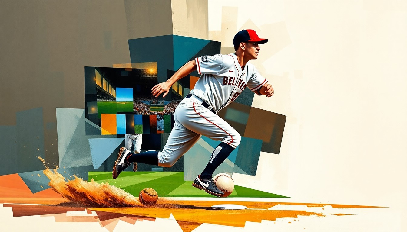 A fragmented, geometric painting depicting a baseball player running the bases, with sharp, overlapping planes of color and form conveying the raw energy and potential injury of the moment.