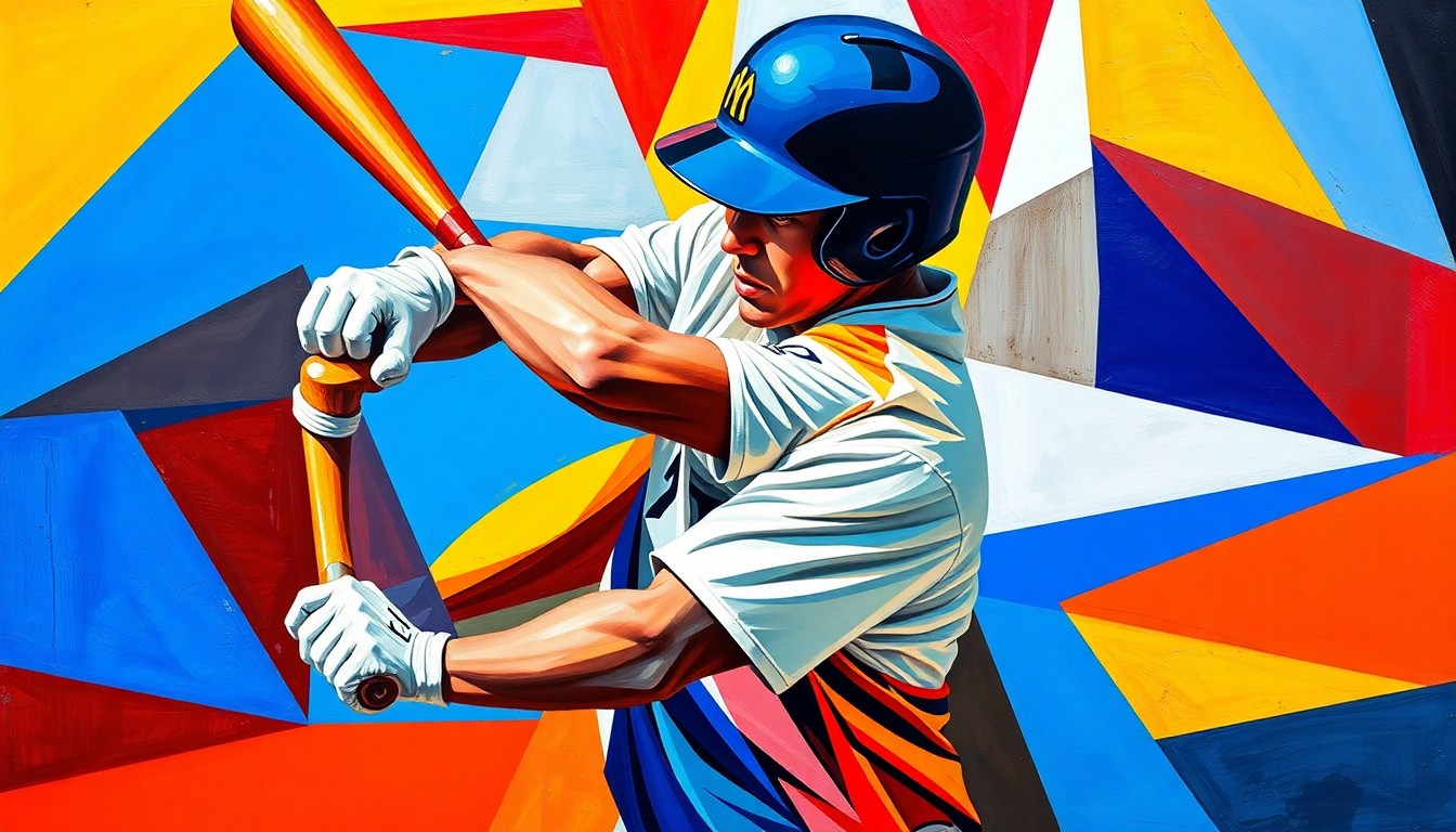 A fractured, geometric painting depicting the motion of a baseball player's batting swing, with sharp planes of color and overlapping perspectives conveying the raw energy and athleticism of the moment.