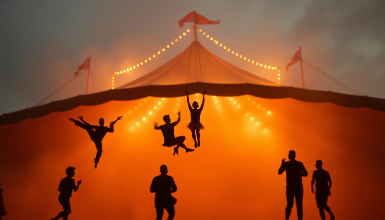 A blurred, dreamlike photograph showing the shadowy outlines of acrobats performing under the warm, glowing lights of the Flying High Circus' big top, capturing the celebratory mood of the circus's comeback.