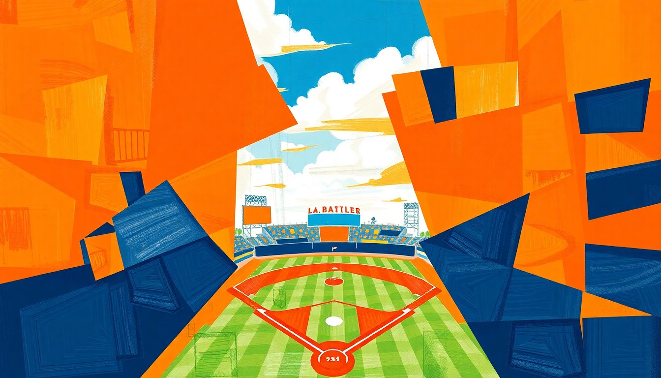 A cubist, geometric painting depicting a college baseball game, with sharp, overlapping planes of bright orange, navy blue, and white, conceptually representing the dynamic offensive performance of the LSU Tigers.