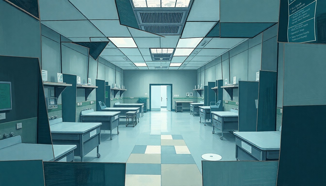 A fragmented, cubist-style painting depicting the interior of a pediatric hospital ward, with sharp geometric shapes and planes in shades of blue, grey, and green, conveying a sense of the complex challenges facing healthcare providers.