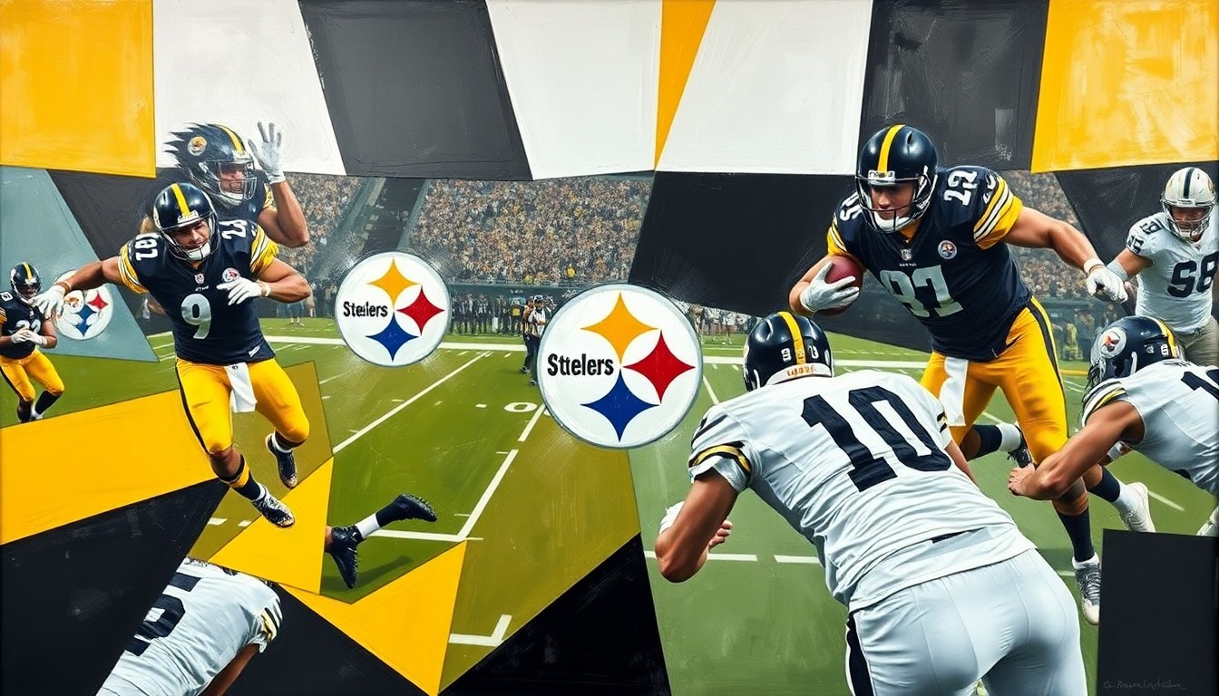 A fragmented, geometric painting depicting a football game or match, with the players and field broken down into sharp, overlapping planes of black, gold, and other colors, conveying the intensity and energy of the competition.
