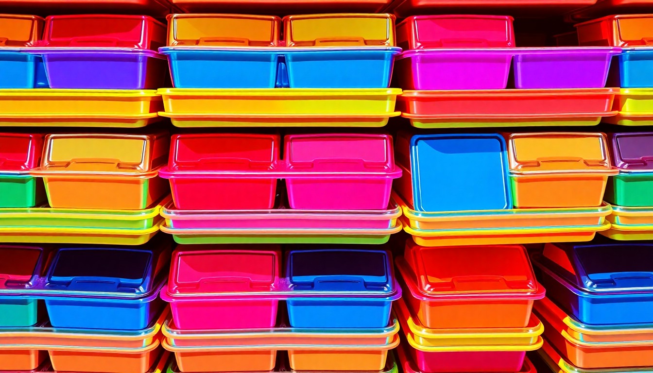 A brightly colored, high-contrast silkscreen print of a stack of school lunch trays repeated in a tight grid pattern, conceptually representing the potential disruption to school meal services during a labor strike.