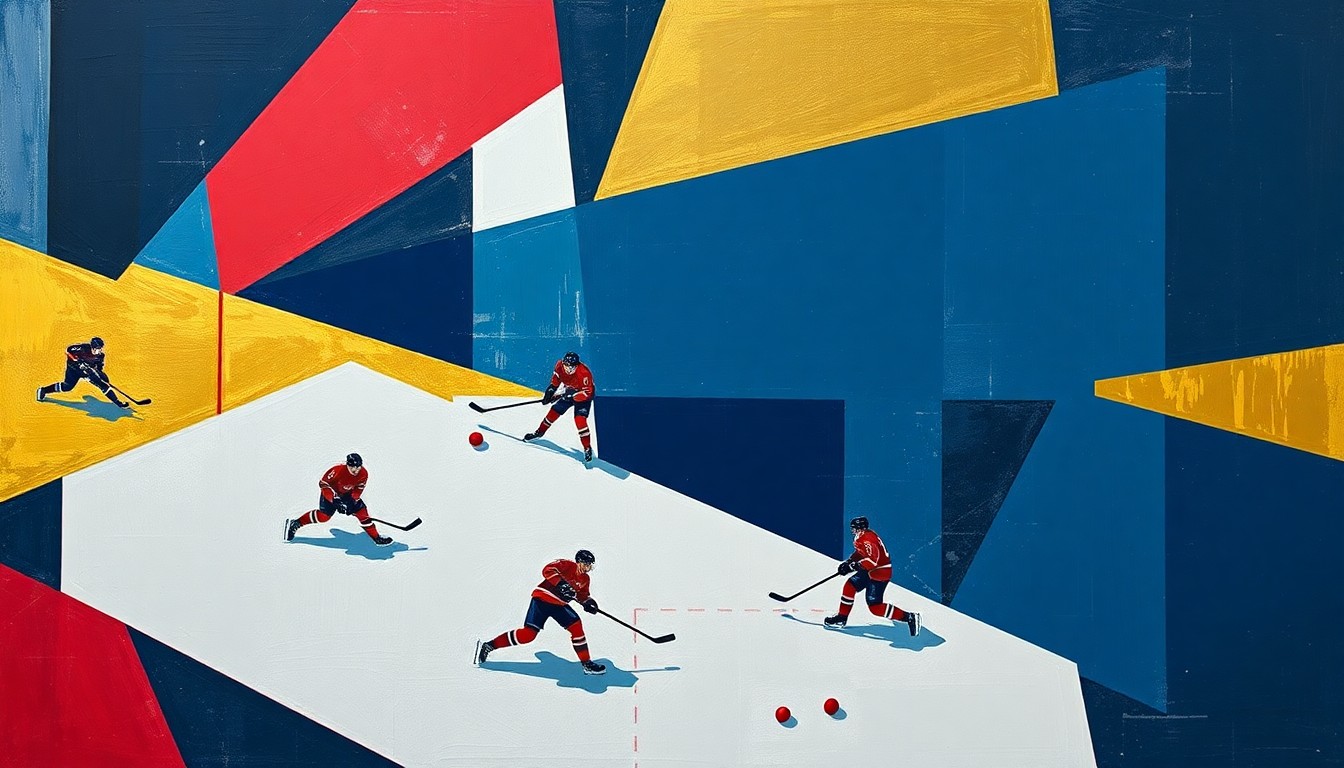 A cubist, geometric painting depicting the chaotic action of a hockey game, with overlapping planes of players, sticks, and the puck in motion against a backdrop of vibrant navy, crimson, and gold colors.