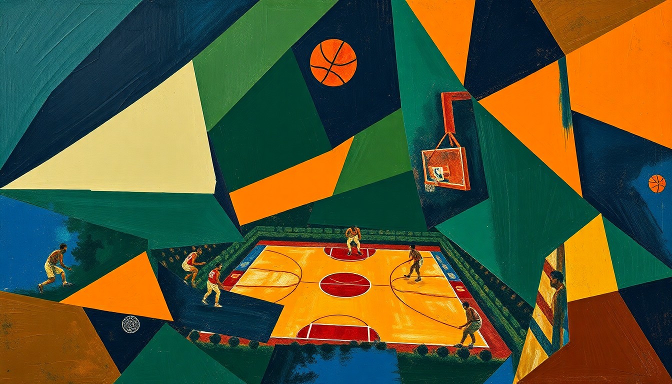 A cubist, geometric painting depicting a basketball game broken down into overlapping planes of navy, green, and orange, conveying the 76ers' well-rounded play.
