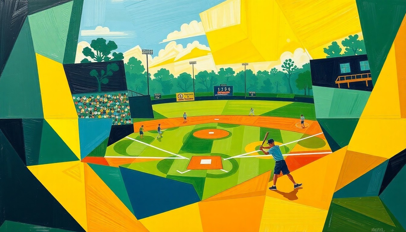 A cubist, geometric painting depicting a high school softball game, with overlapping planes of green, blue, and yellow representing the dynamic action on the field.