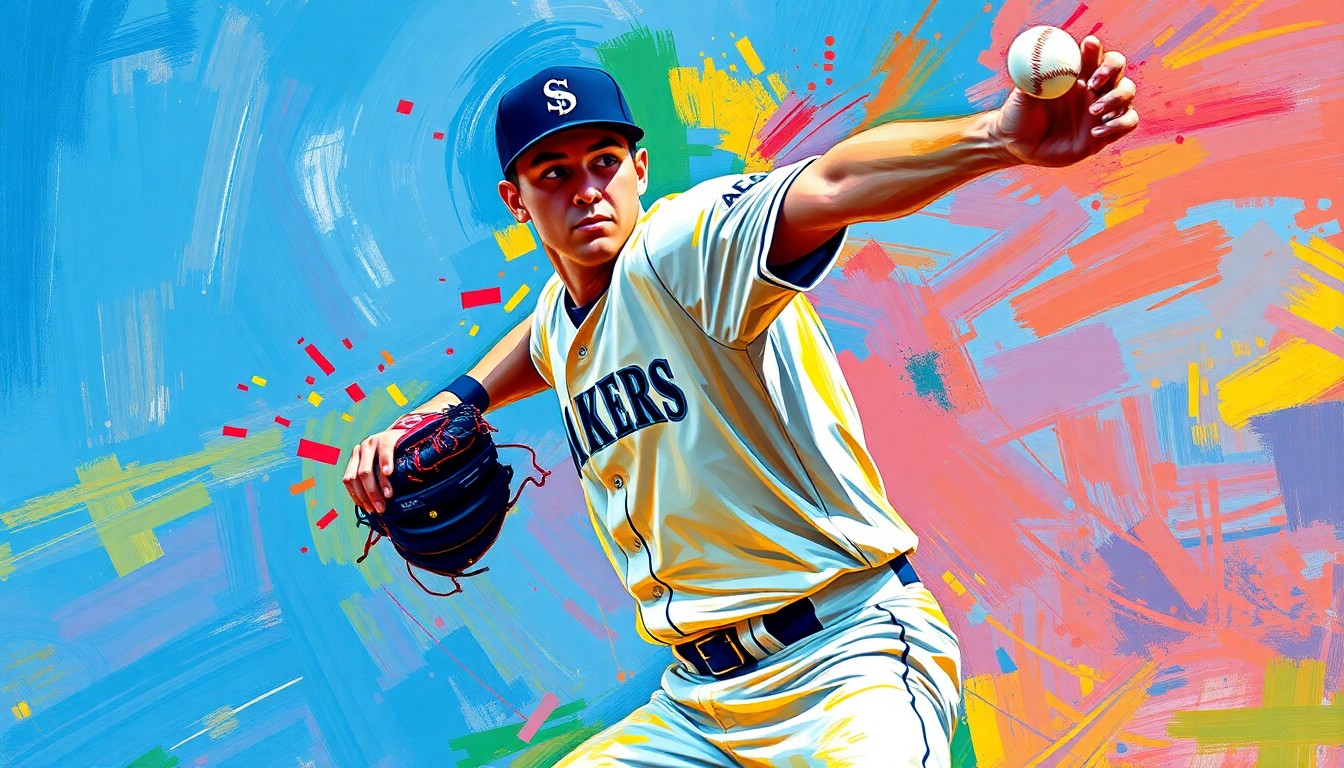An abstract, energetic painting in neon colors depicting the pitching motion and strikeout of a baseball player, capturing the raw athleticism and power of the sport.