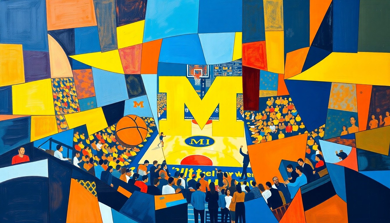 A cubist, geometric painting in shades of maize and blue, capturing the dynamic energy and multiple perspectives of a college basketball game.