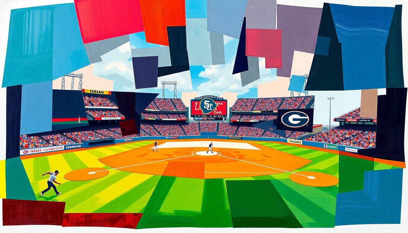 A cubist, geometric painting depicting a baseball game in progress, with sharp, overlapping planes of color representing the players, field, and action on the diamond.