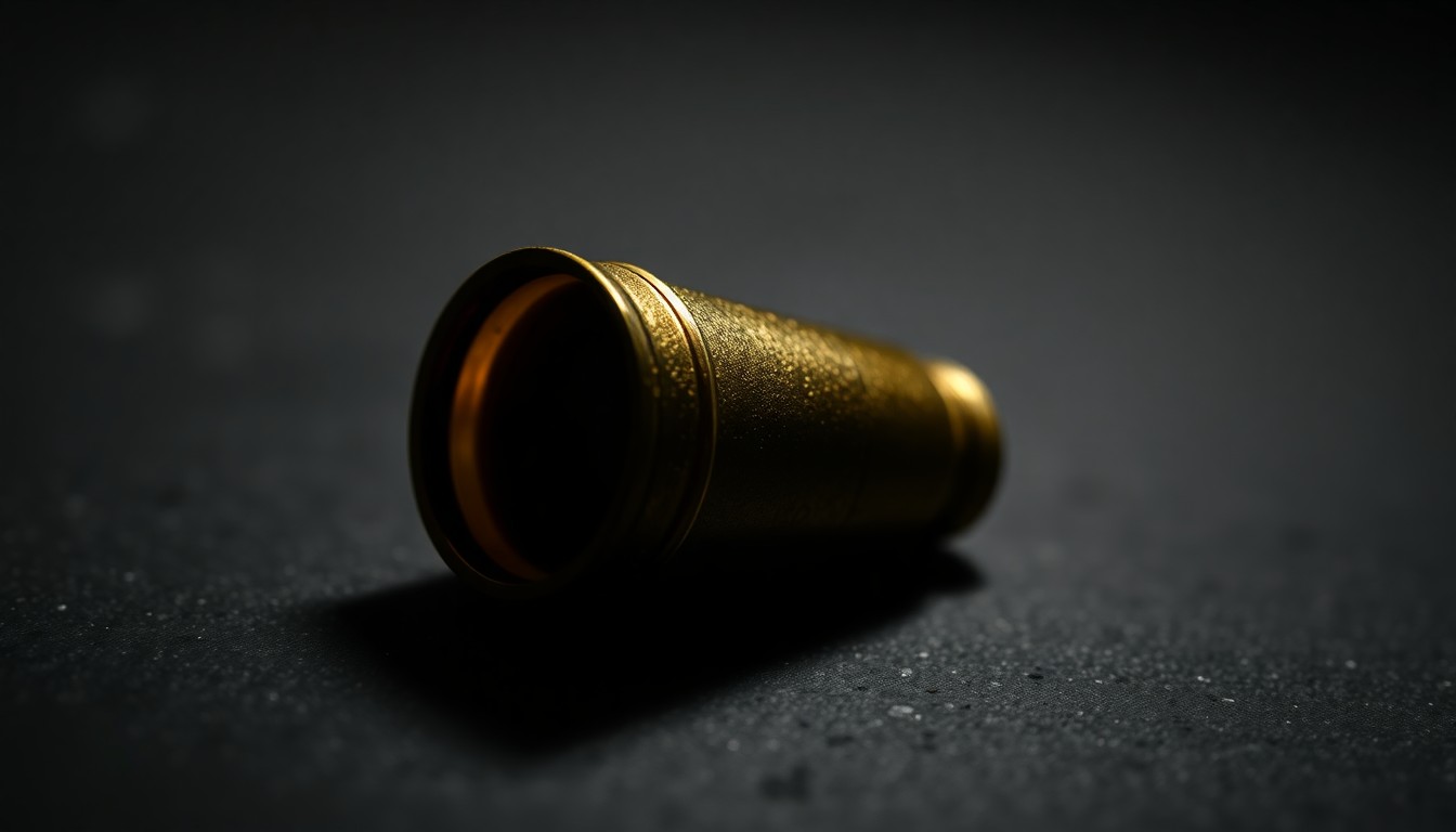 An extreme close-up of a spent shell casing on a dark surface, lit by a harsh, direct camera flash, conceptually illustrating the physical evidence of a violent crime.