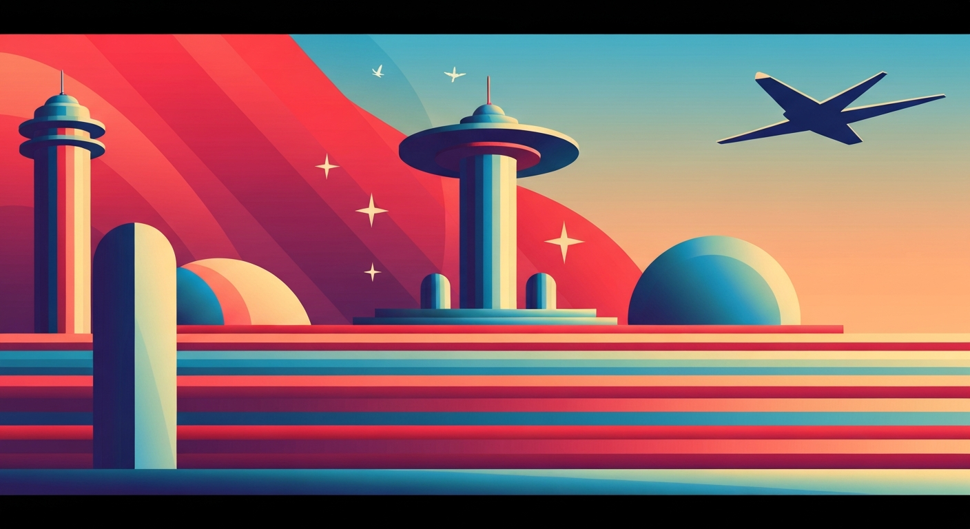 A highly stylized, geometric illustration in the Art Deco style, featuring sweeping gradients of blues and grays, with sleek, streamlined forms suggesting the grand scale and romance of international travel, conceptually representing the evolving challenges faced by travelers entering the United States.