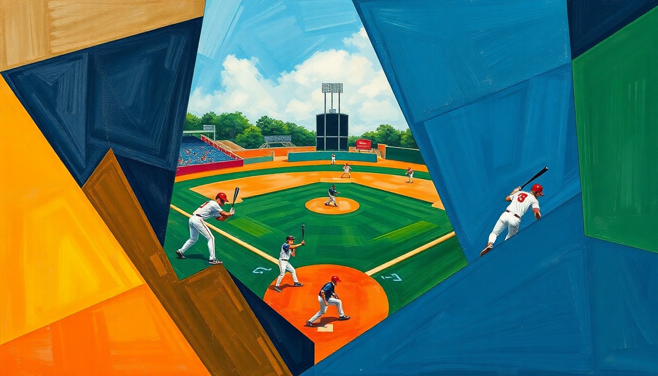 A fractured, geometric painting in vibrant shades of blue, green, and orange, breaking down a college baseball game into abstract shapes and planes to convey the sport's raw energy and competitive spirit.